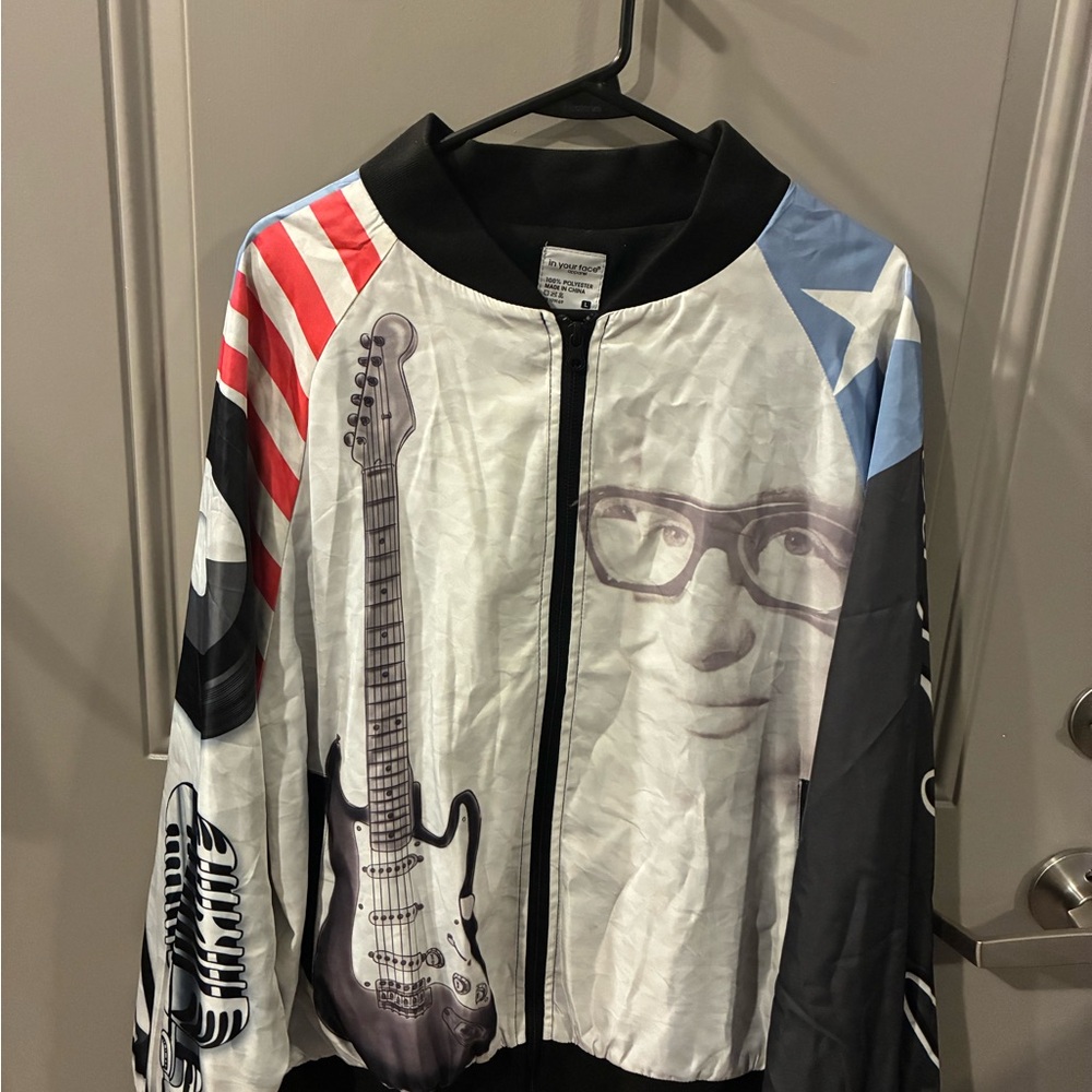 New Graphic Zip-Up Jacket with Guitar and Portrait